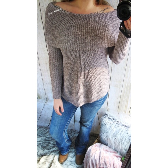 Anthropologie Sweaters - Anthropologie • Off shoulder taupe knitted sweater